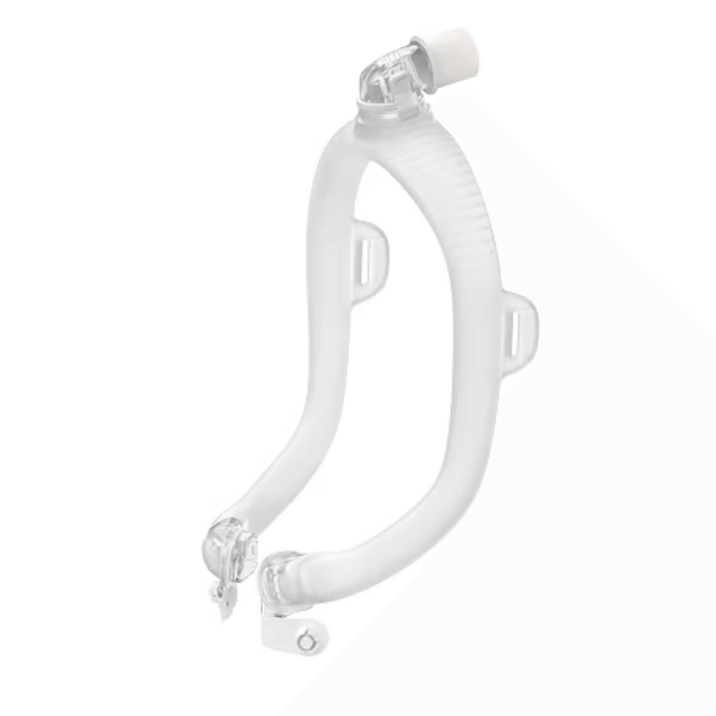 Angled view of the ResMed AirFit F30i Non-Magnetic Frame, featuring a hollow silicone design with a top-of-head hose connection and secure plastic mechanical clips that replace standard magnetic attachments for implant safety.