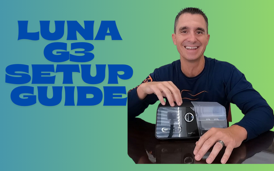 Step-by-step setup of a Luna G3 CPAP machine, including connecting tubing, mask, and power for first-time use