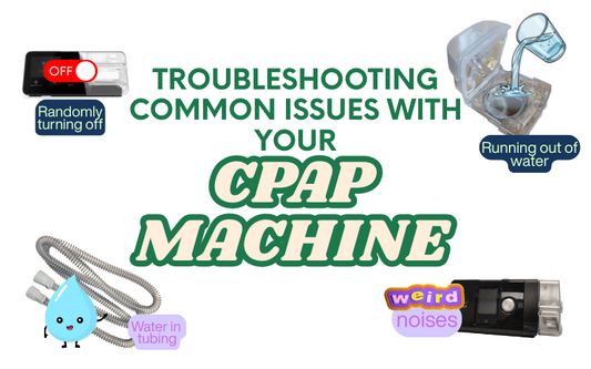 Illustration showing steps to fix common CPAP issues, including cpap randomly shutting off, water in tubing, and more