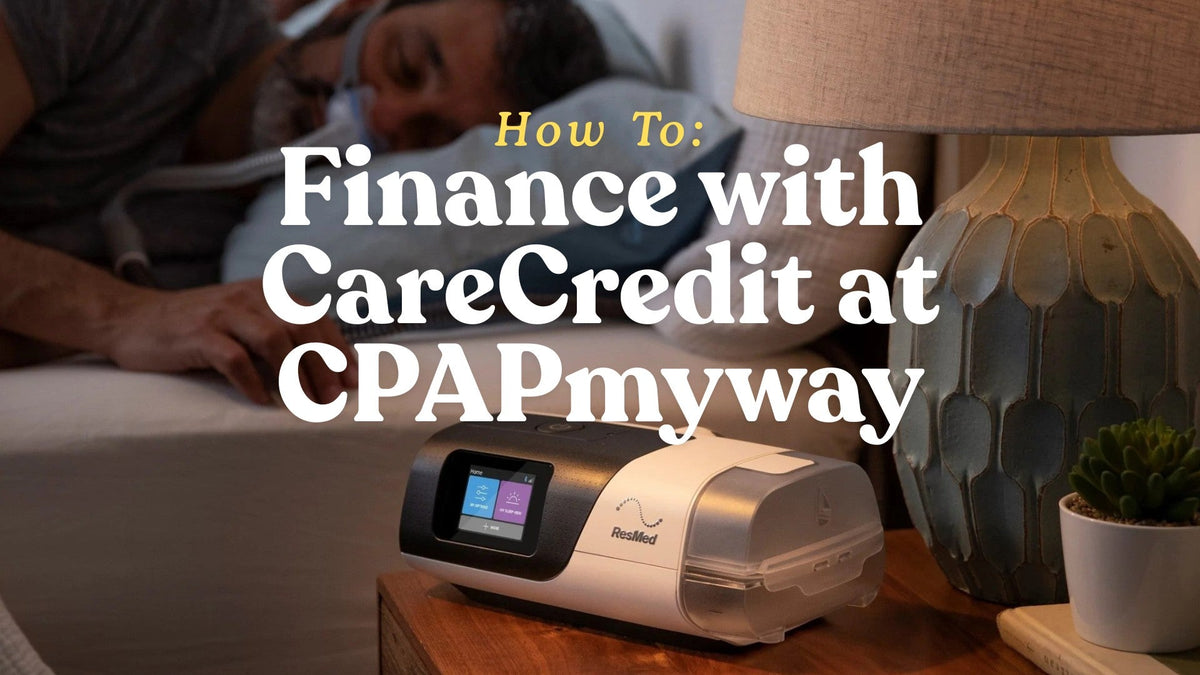 A man sleeping soundly while using a ResMed AirSense 11 CPAP machine, illustrating the comfort and quiet therapy available through CPAPmyway financing.