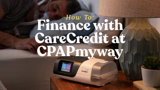 A man sleeping soundly while using a ResMed AirSense 11 CPAP machine, illustrating the comfort and quiet therapy available through CPAPmyway financing.