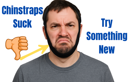 Image of a guy who is really upset about wearing his CPAP chinstrap. 