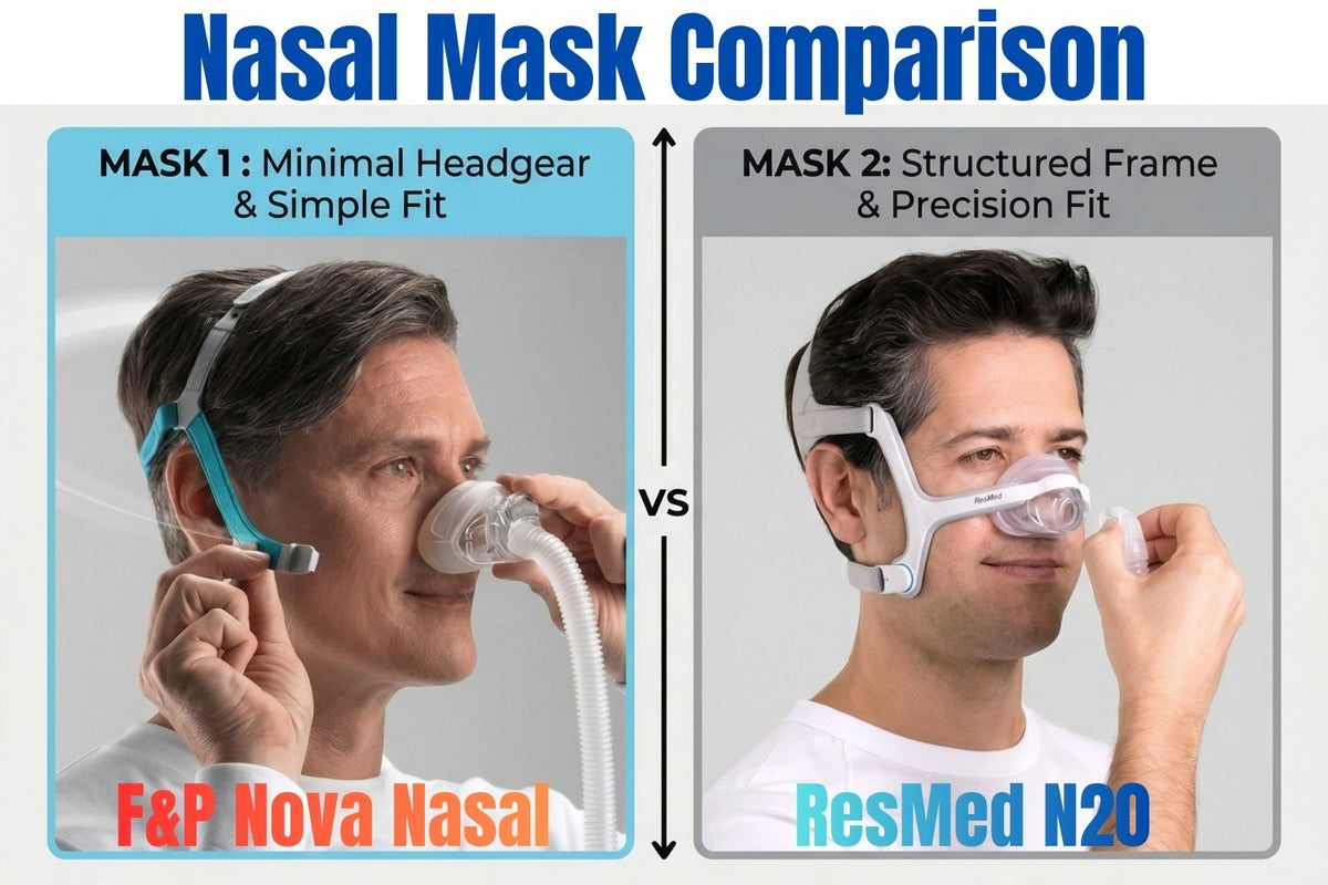 A side-by-side comparison infographic of two different CPAP masks. On the left, a man wears a mask with a minimalist, light-blue single-strap headgear and a large nasal cup. On the right, a man wears a ResMed-style mask with a more structured grey frame, 