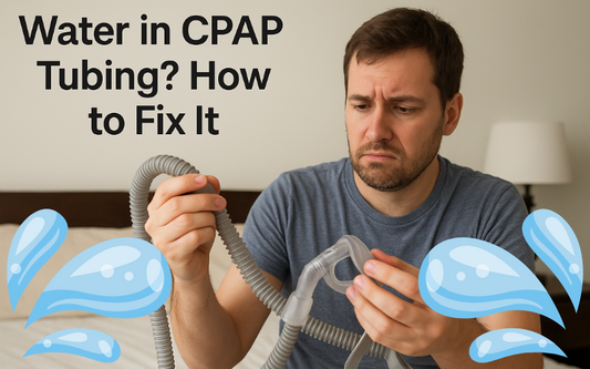 A man struggling with water in his CPAP tubing and looking uphappy. 