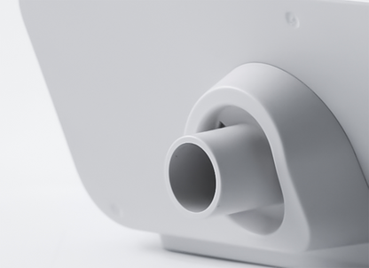 Close-up technical illustration of the Resvent iBreeze 30STA rear panel, highlighting the air outlet port where the 19 mm or 15 mm flexible breathing tubing connects to the device.