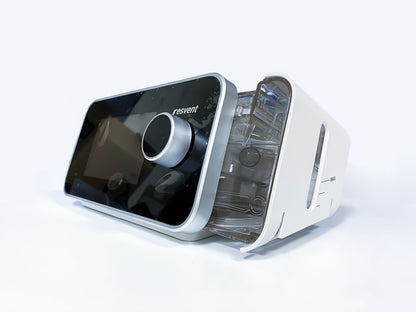 Technical illustration of the iBreeze 30STA with the humidifier water tank partially removed from the side of the unit to demonstrate the sliding mechanism and the location of the water tank lock