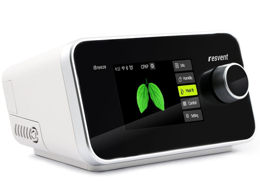 Front view of the Resvent iBreeze 30STA Bi-Level machine featuring a large 5-inch color touchscreen interface, a prominent silver control dial for menu navigation, and a white compact enclosure with the Resvent logo.