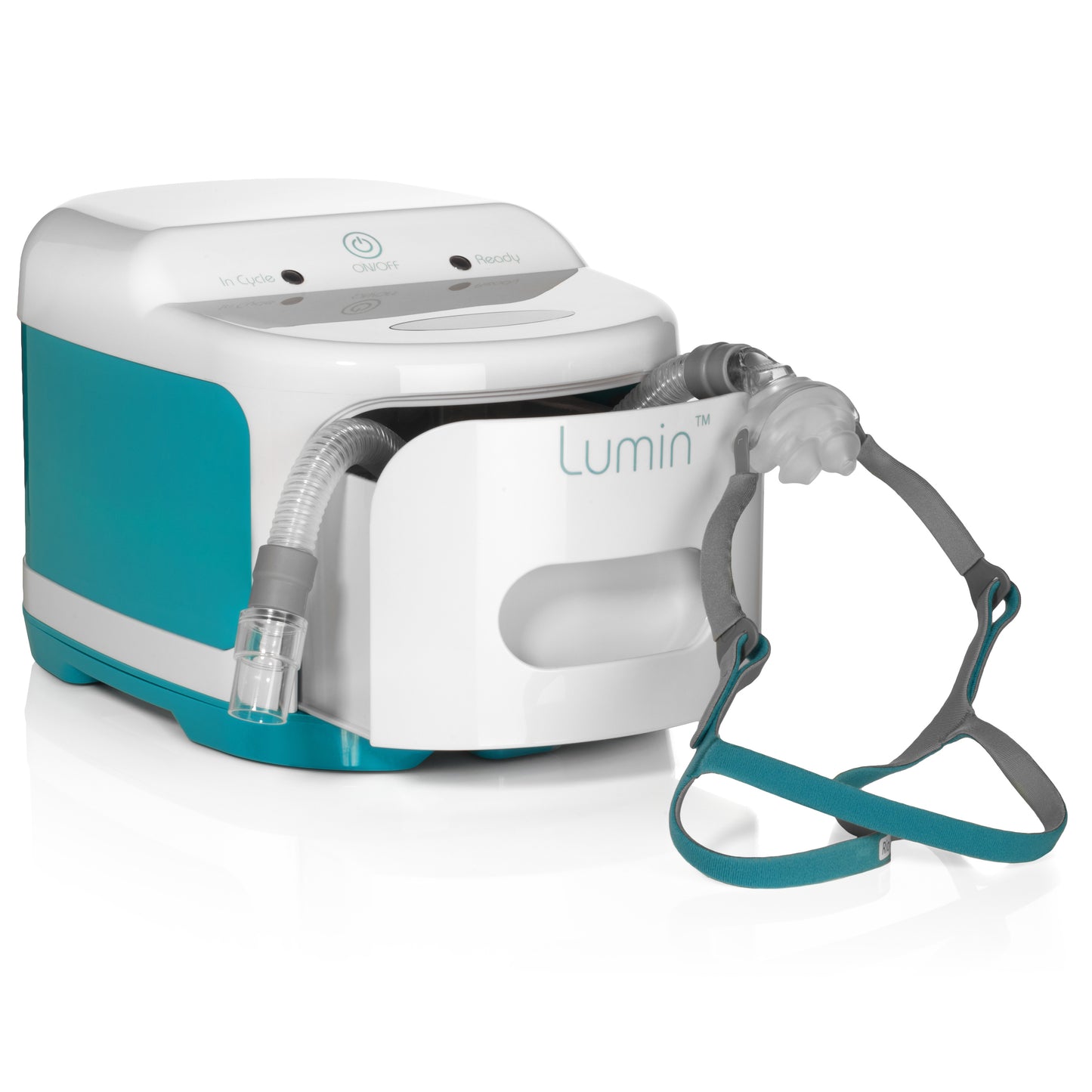 Lumin device with teal and white color scheme on a white background