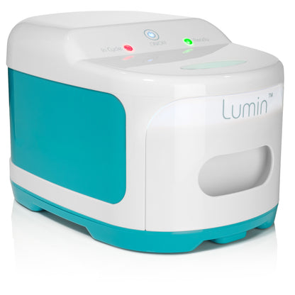 Turquoise and white device with 'Lumin' branding on a white background