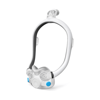 Angled view of the ResMed AirTouch F30i Comfort frame system, featuring the soft fabric-wrapped frame, top-of-head elbow connection, and full face cushion.