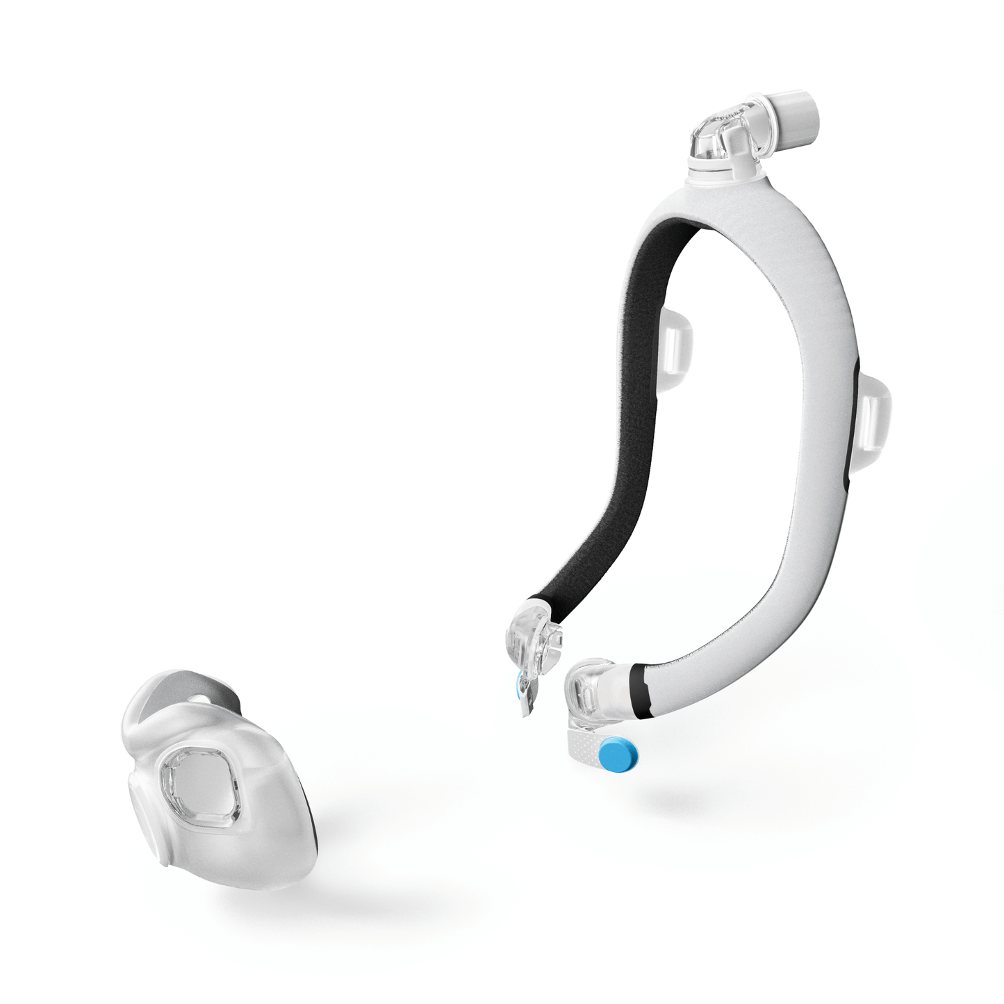 Exploded view of the AirTouch F30i Comfort system showing how the cushion detaches from the soft fabric frame and the quick-release elbow mechanism.