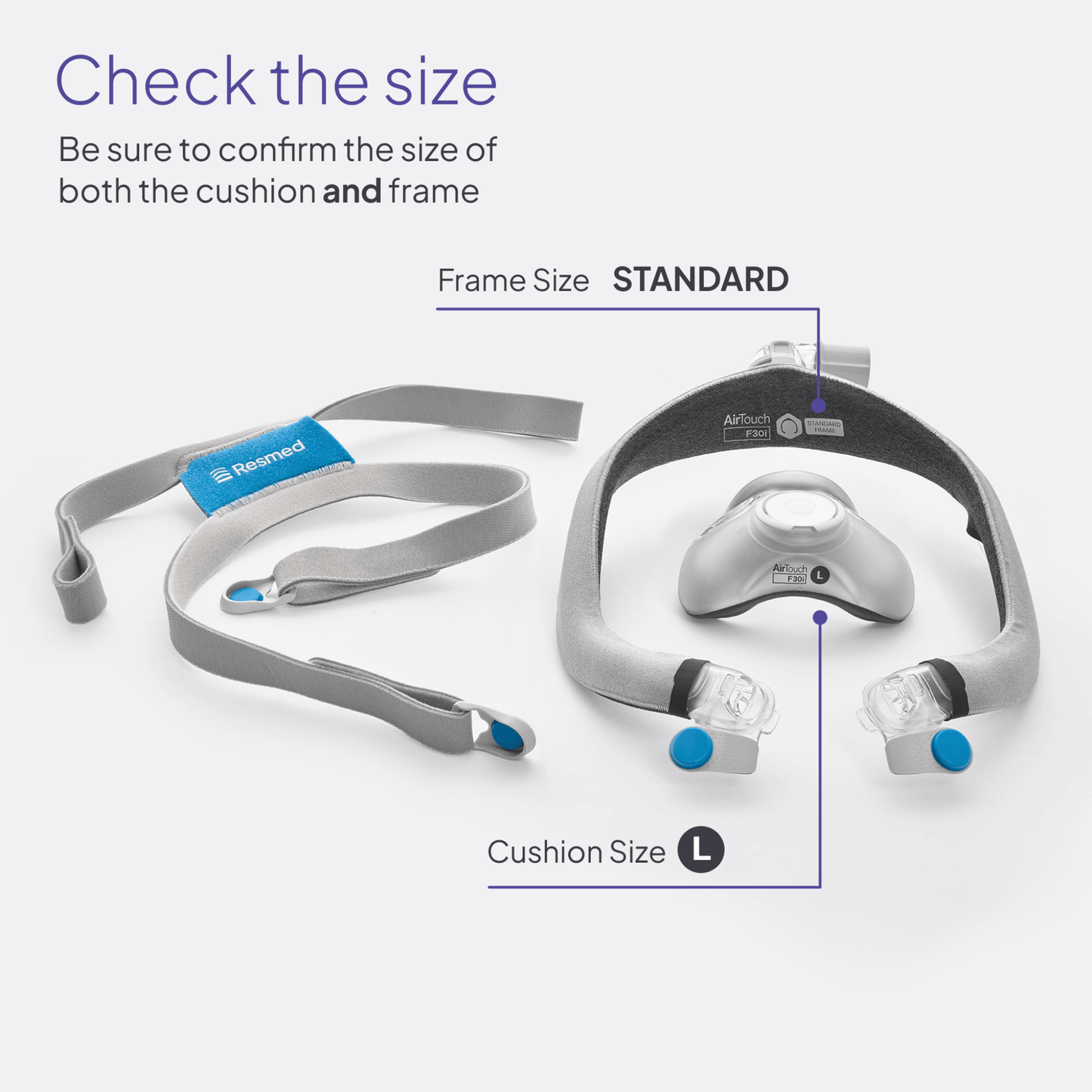 Sizing diagram for the AirTouch F30i Comfort, highlighting the location of the "Standard" size label on the frame and "L" (Large) size label on the cushion.