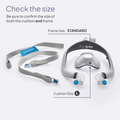 Sizing diagram for the AirTouch F30i Comfort, highlighting the location of the "Standard" size label on the frame and "L" (Large) size label on the cushion.