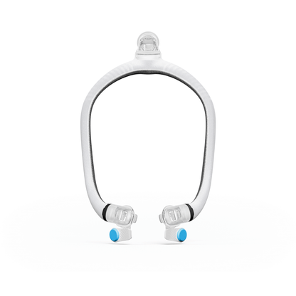 Front view of the ResMed AirTouch F30i replacement comfort frame showing the hollow silicone headgear tubes and magnetic clip connectors.