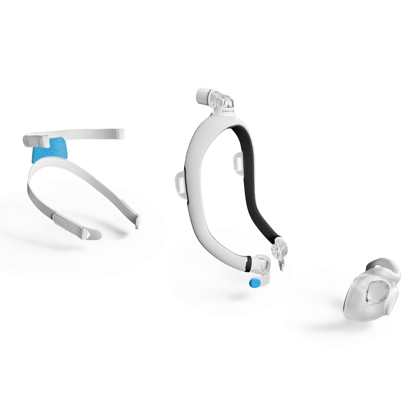 Exploded view of the AirTouch F30i mask assembly featuring the headgear straps, hollow comfort frame, and the UltraSoft memory foam cushion.