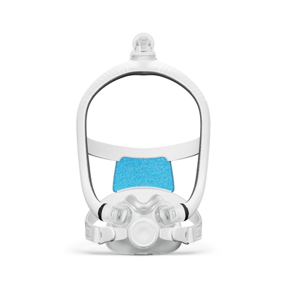 Direct front view of the ResMed AirTouch F30i Comfort full face mask on a white background, showing the ComfiSoft cushion and soft frame design.