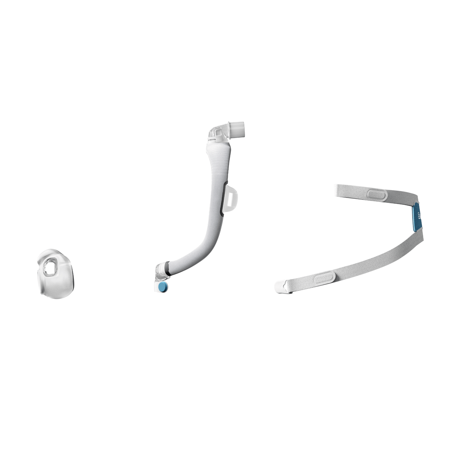 Disassembled view of the ResMed AirTouch F30i mask components, showing the frame alongside the ComfiSoft cushion and headgear.