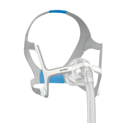 Front view of the ResMed AirTouch N20 nasal mask showing the grey foam cushion, white frame, and flexible short tube.