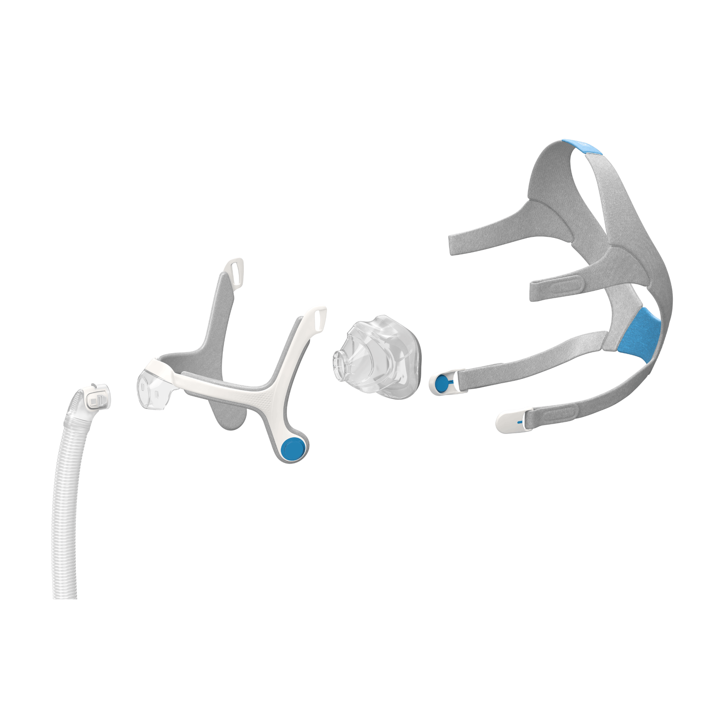 Exploded view of the ResMed AirTouch N20 mask showing the four main parts: elbow, mask frame, memory foam cushion, and headgear.