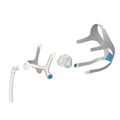 Exploded view of the ResMed AirTouch N20 mask showing the four main parts: elbow, mask frame, memory foam cushion, and headgear.