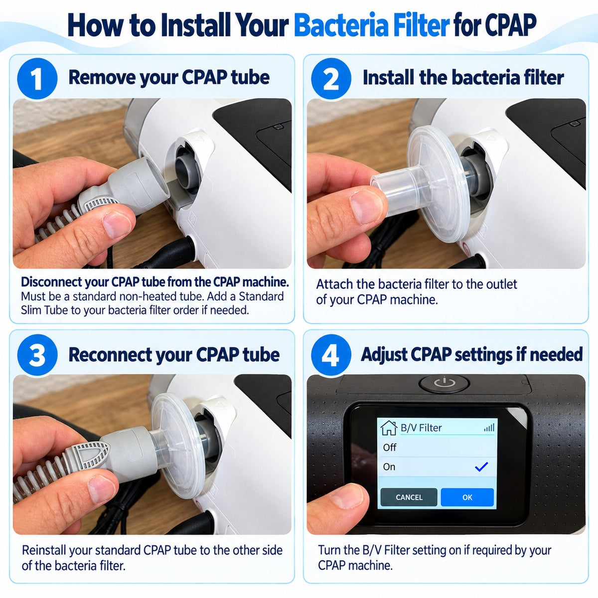 A four-step instructional graphic titled 'How to Install Your Bacteria Filter for CPAP' showing a hand connecting a CPAP tube to a CPAP machine, installing a clear plastic bacteria filter, reconnecting the tube, and adjusting CPAP settings on a screen.