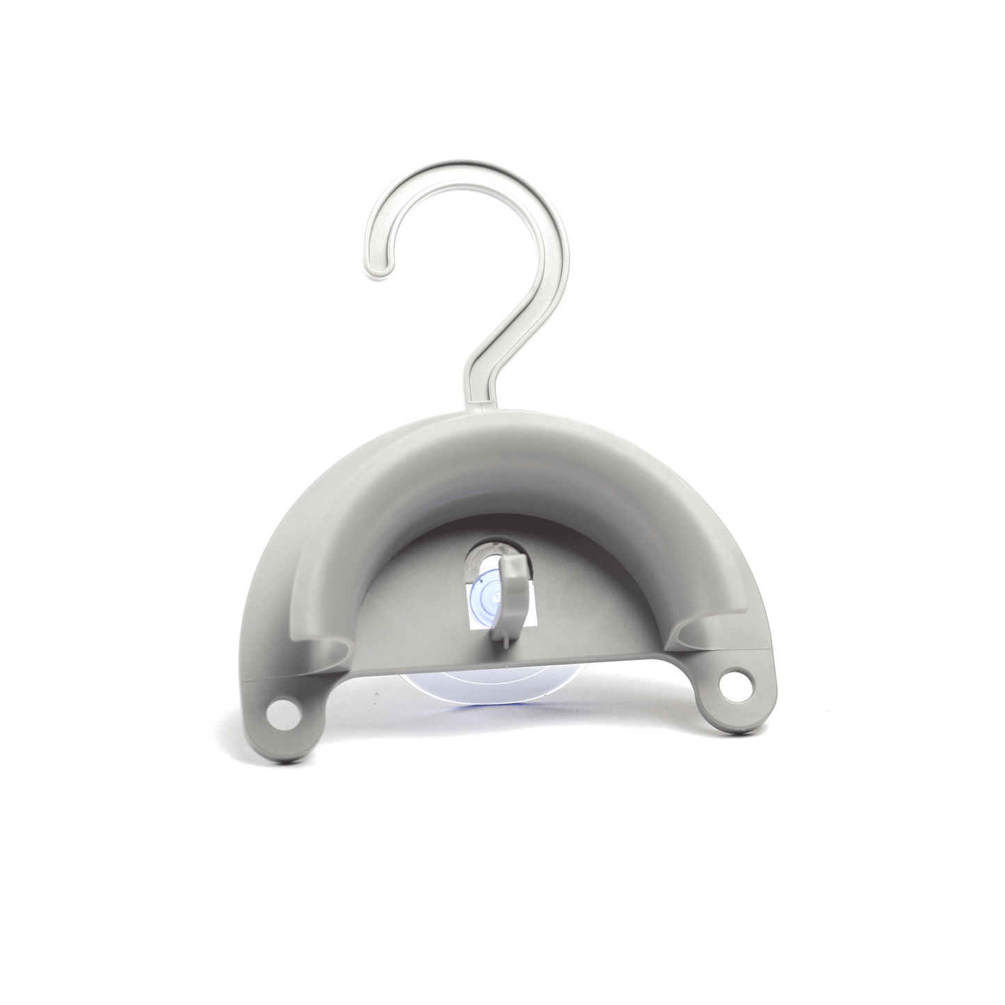 CPAP Soap Hose Hanger on white background — gray semi-circular body with top hook and suction cup visible on flat base, screw-mount holes on each side