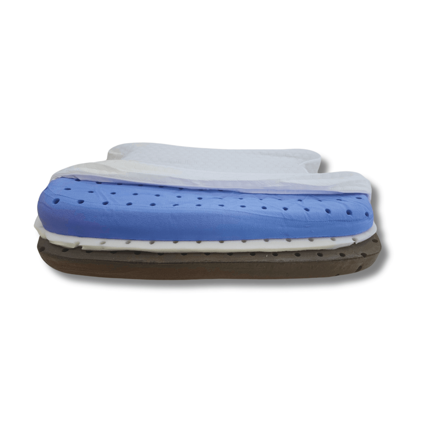Inside view of the CPAP Soap Adjustable Pillow showing the cover pulled back to reveal distinct, ventilated foam layers used to customize the pillow's height.