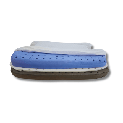 Inside view of the CPAP Soap Adjustable Pillow showing the cover pulled back to reveal distinct, ventilated foam layers used to customize the pillow's height.
