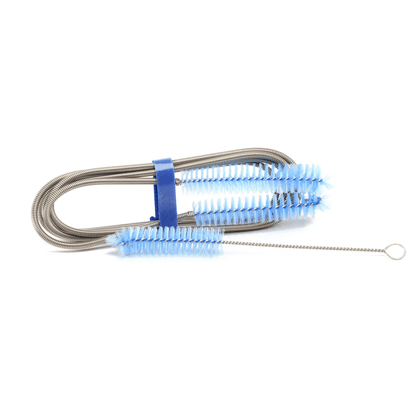 CPAP Soap CPAP Tube Cleaning Brush coiled at an angle — long brush and short connector brush ends extended outward, displaying full blue bristle coverage along the stainless steel wire core