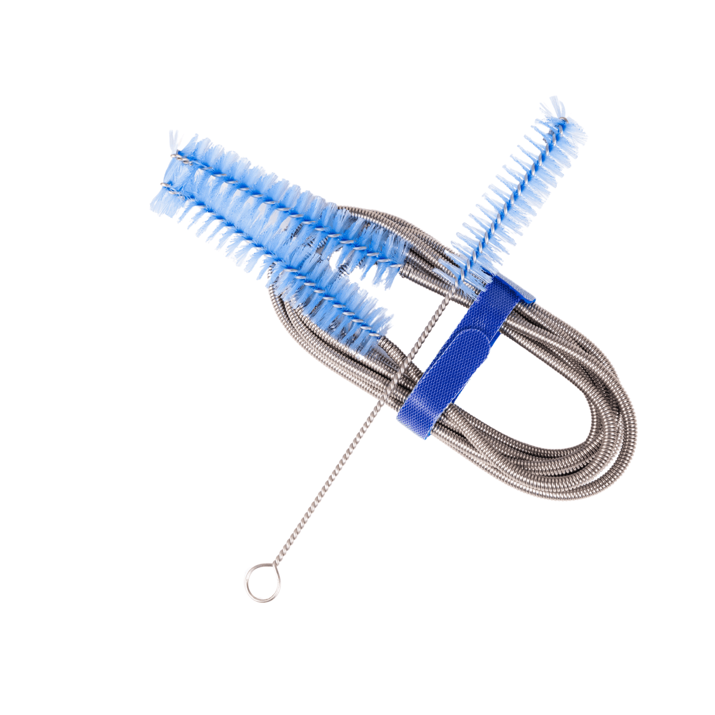 CPAP Soap CPAP Tube Cleaning Brush coiled and secured with blue velcro strap in compact storage position, short connector brush extended to the side, on white background