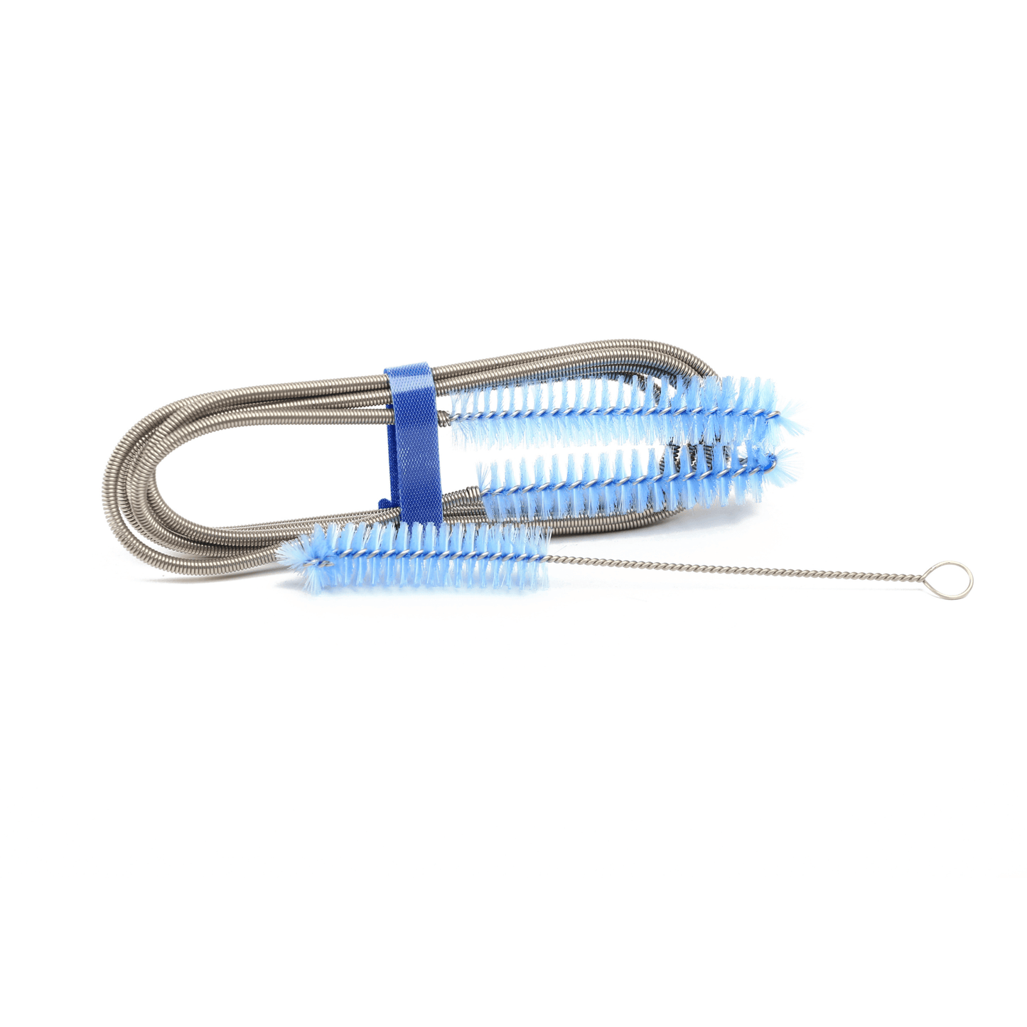 CPAP Soap two-piece cleaning brush set — long flexible hose brush coiled with velcro strap alongside a shorter thin connector brush, both with blue bristles on a stainless steel wire core