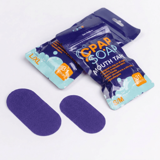 Two boxes of CPAP Soap brand Mouth Tape displayed side-by-side, showing the Standard and Large size options for size comparison.