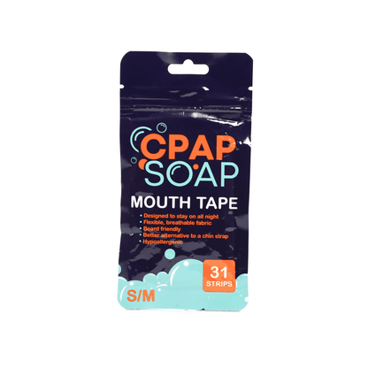 A clean, front-facing product shot of the Standard size CPAP Soap Mouth Tape box, highlighting key features like "Medical Grade Adhesive," "Comfortable & Breathable," and its use for promoting nasal breathing.