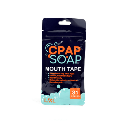 An angled, close-up view of the Large size CPAP Soap Mouth Tape packaging, detailing product benefits including its medical-grade adhesive and breathable material designed for sleep comfort.