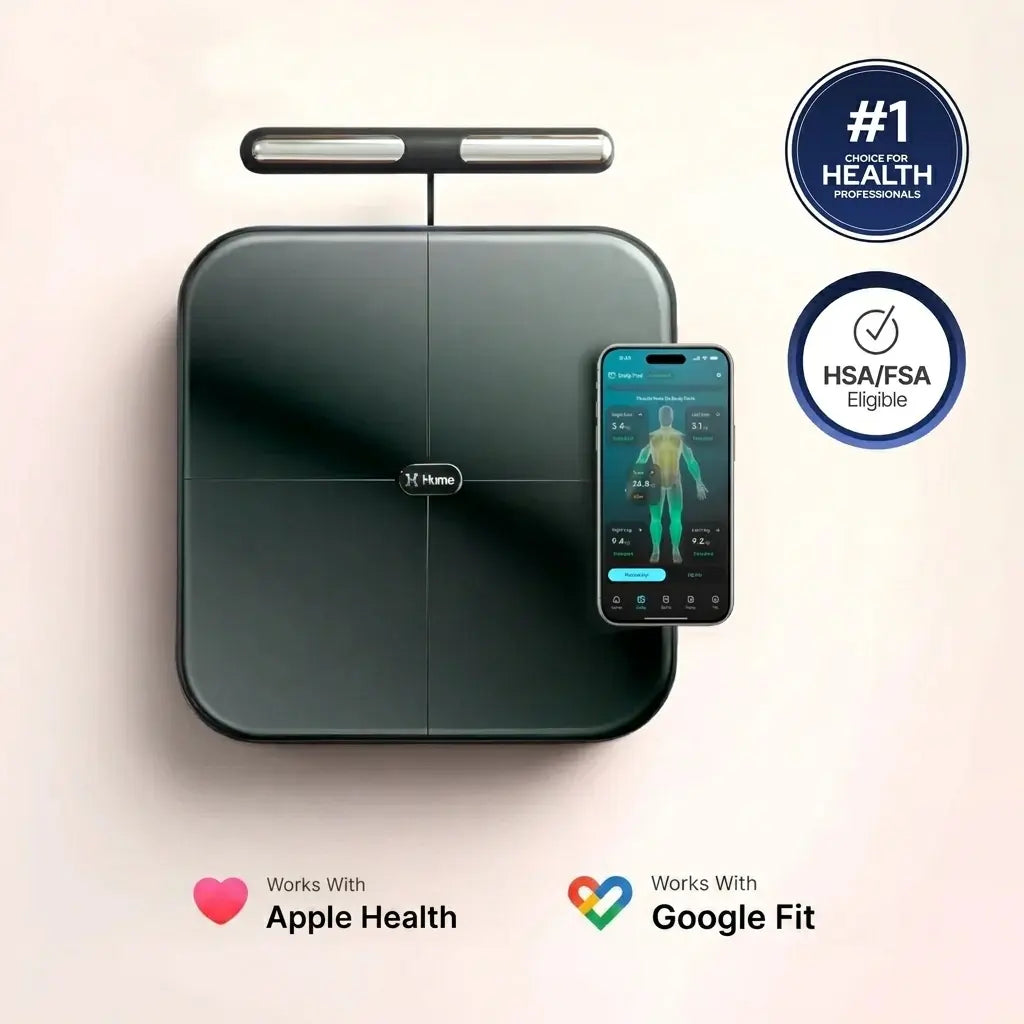 Hume Body Pod 8-sensor body composition scan showing heart health, muscle mass, and body fat changes