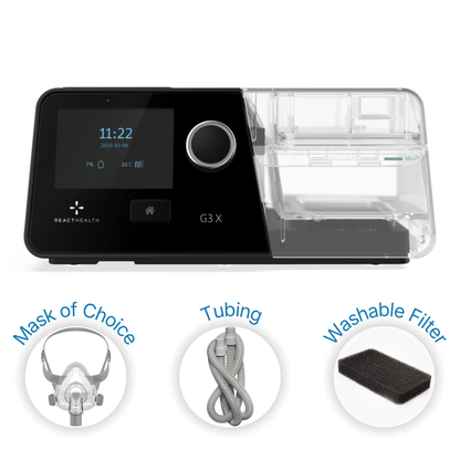 Luna G3 X Machine Bundle displayed with bundle components: mask of choice, tubing, and washable filter