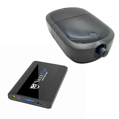 NiteOwl CPAP battery shown connected to a DreamStation 2.
