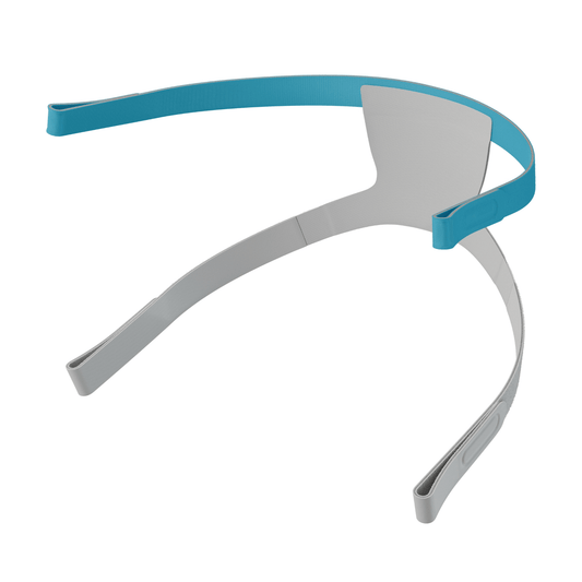Angled view of the Fisher & Paykel Nova Nasal Replacement Back Panel, featuring the gray rear head support, blue upper straps, and gray lower straps designed to restore the secure fit of the SwingFit headgear system.