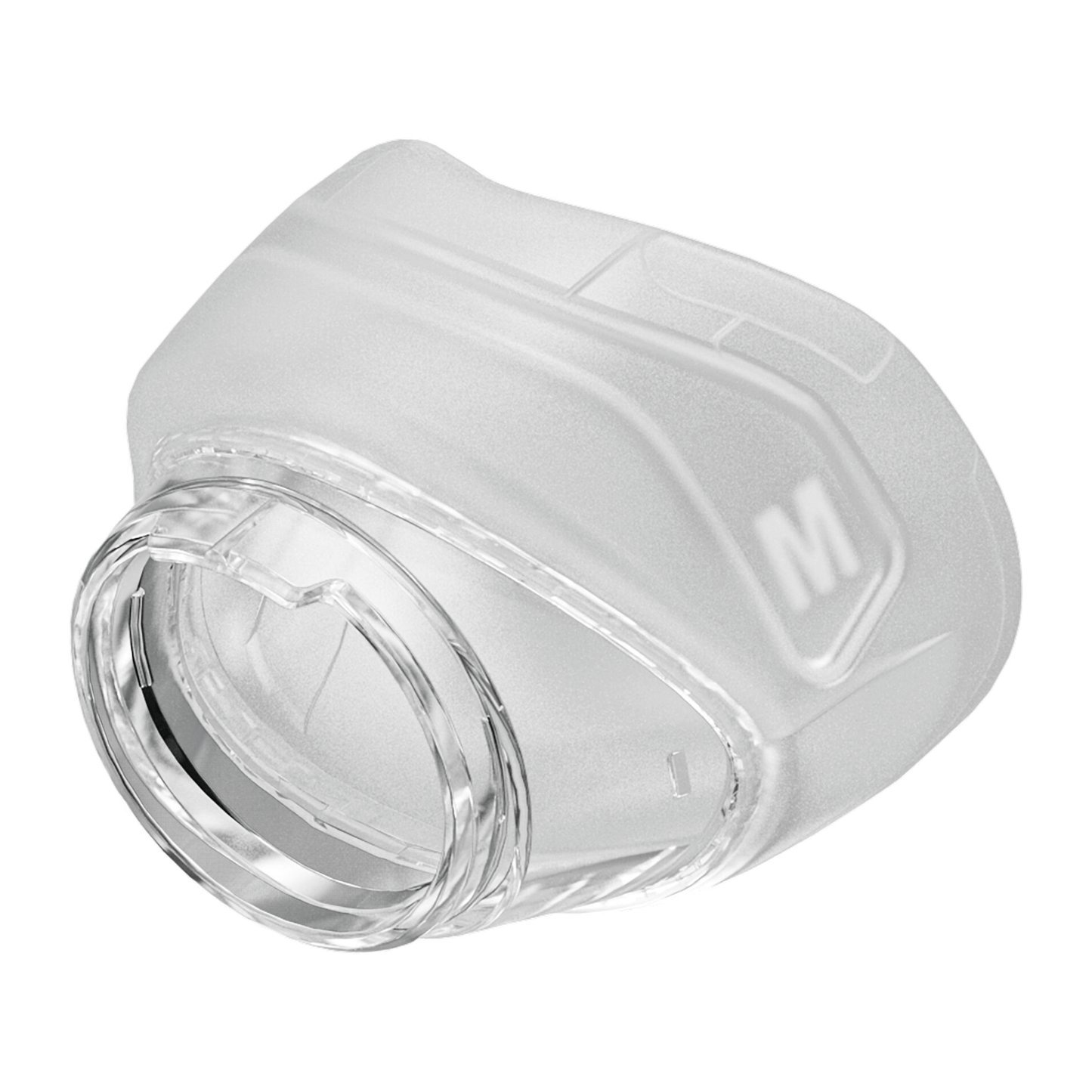 Angled side view of the replacement cushion for the Fisher & Paykel Nova Nasal Mask, showing the clear connection ring and the soft, frosted RollFit silicone seal with the size marking visible.