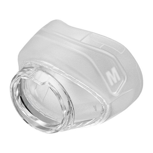 Angled side view of the replacement cushion for the Fisher & Paykel Nova Nasal Mask, showing the clear connection ring and the soft, frosted RollFit silicone seal with the size marking visible.