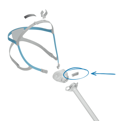 Exploded diagram of the Fisher & Paykel Nova Nasal Mask components, with a blue circle and arrow specifically highlighting the location of the removable, washable diffuser piece.