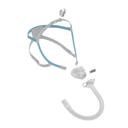 Exploded view of the Fisher & Paykel Nova Nasal Mask showing individual components, including the SwingFit headgear, mask frame, RollFit cushion, and short tube assembly.