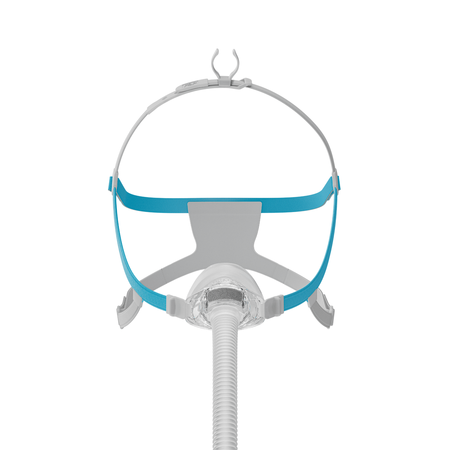 Front view of the Fisher & Paykel Nova Nasal Mask featuring blue and gray SwingFit headgear and a clear nasal cushion against a white background.