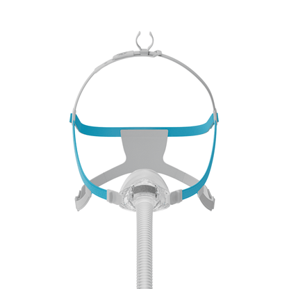 Front view of the Fisher & Paykel Nova Nasal Mask featuring blue and gray SwingFit headgear and a clear nasal cushion against a white background.