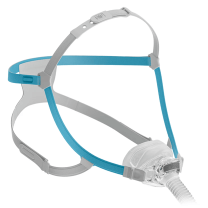 Angled side view of the Fisher & Paykel Nova Nasal Mask, highlighting the lightweight gray frame, blue headgear straps, and the compact nasal cushion.