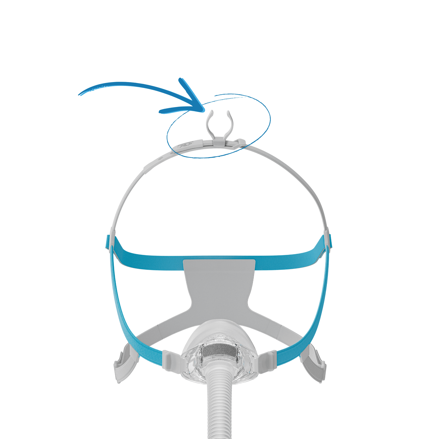 Front view of the Fisher & Paykel Nova Nasal Mask with a blue arrow highlighting the optional Tube Clip attached to the top of the headgear.
