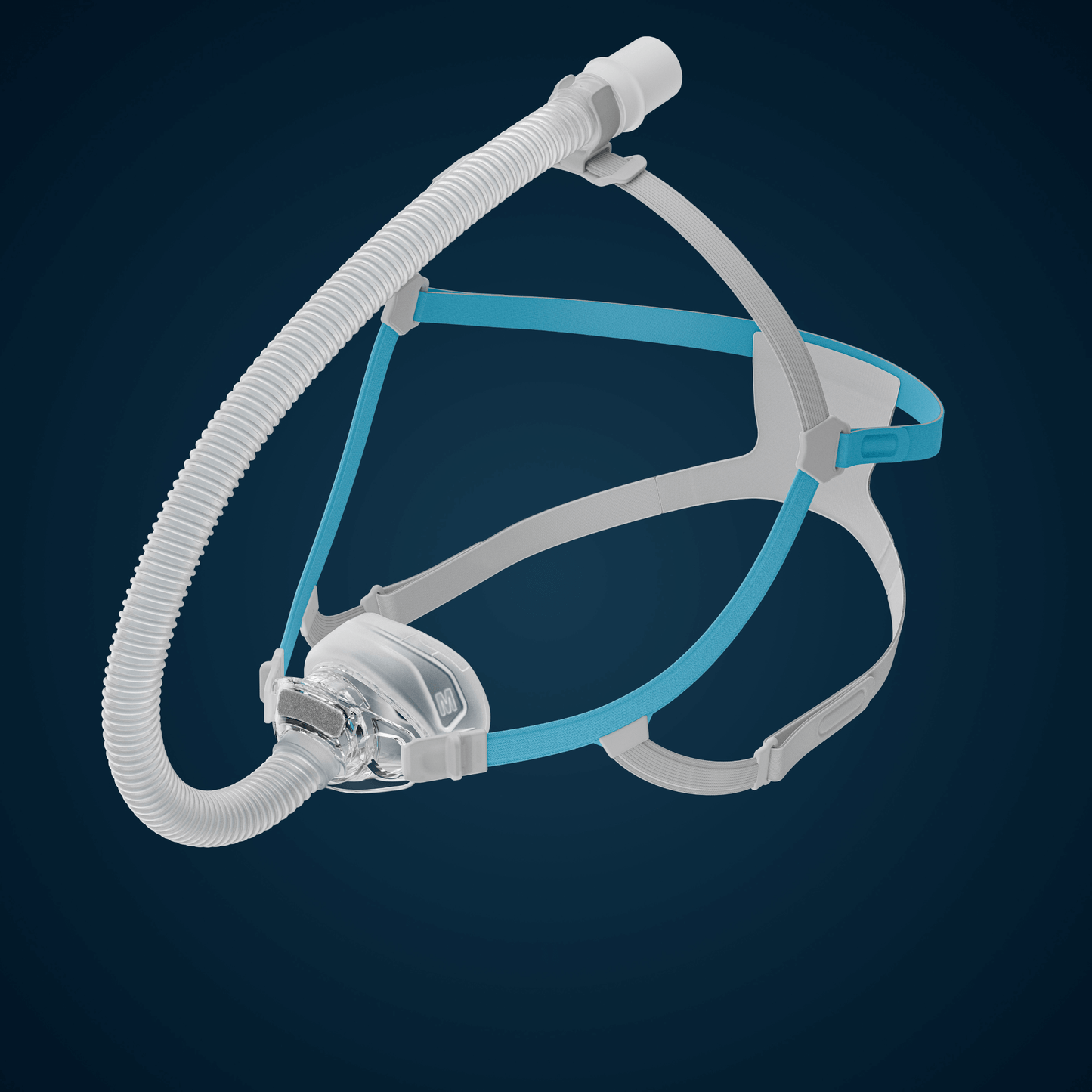 Angled view of the Fisher & Paykel Nova Nasal Mask against a dark blue background, illustrating the short tube routed securely upward through the Tube Clip to prevent tube drag.