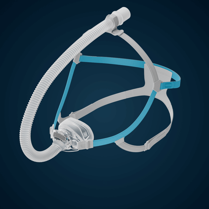 Angled view of the Fisher & Paykel Nova Nasal Mask against a dark blue background, illustrating the short tube routed securely upward through the Tube Clip to prevent tube drag.