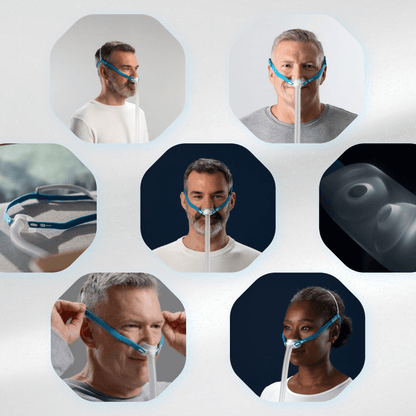 Grid of people wearing the Fisher & Paykel Nova Micro CPAP mask, plus a close-up of the microPillows cushion.
