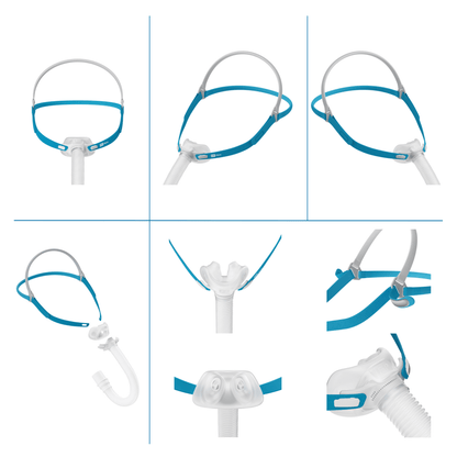 Six product views of the Fisher & Paykel Nova Micro nasal pillow mask showing front, side, and three-quarter angles plus an exploded view of the headgear, frame, cushion, and tubing.